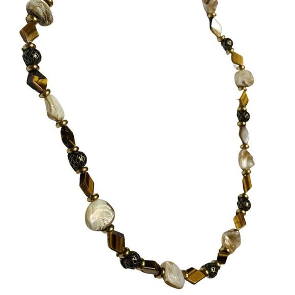 Vintage Abalone Shell Tiger Eye Beaded Brass Chain Summer Necklace 22in - Picture 4 of 7